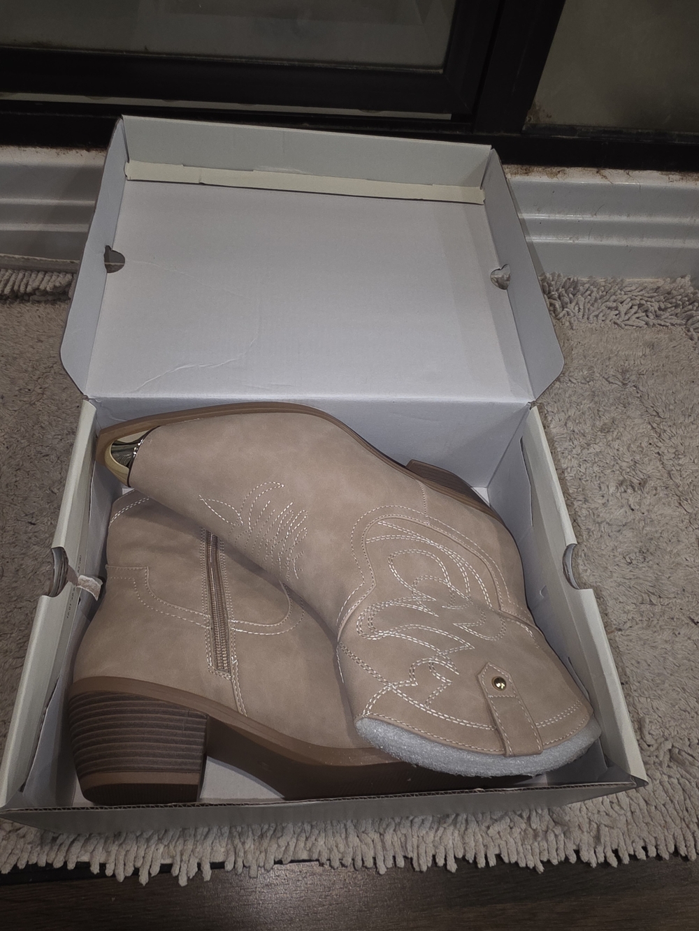 Women's Beige Western Ankle Boots - Stylish Mid Heel